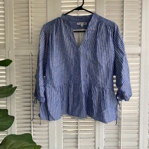 JW Anderson Uniqlo Linen Cotton Boho Blue White Striped Shirt Size  S Tie Neck